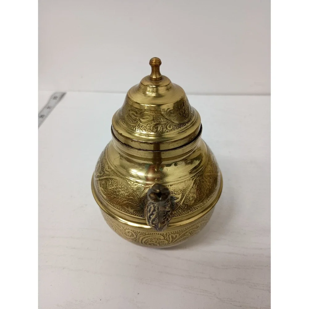 Vintage Teapot Embossed Brass Asian Small Gold Decorative Tea Pot Etched Floral